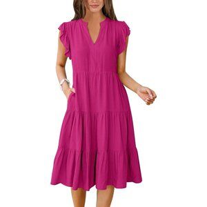 Womens Pink Summer Ruffle Sleeve V Neck Midi Dress 2024 Fashion Casual Sundress